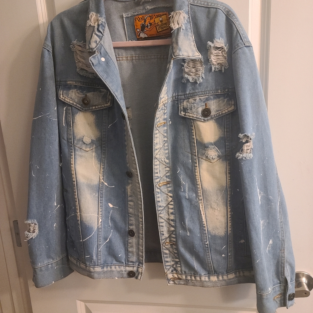 Vintage XL Rolling Papers Distressed Light-Wash Denim Jacket w/ Paint Splatters!